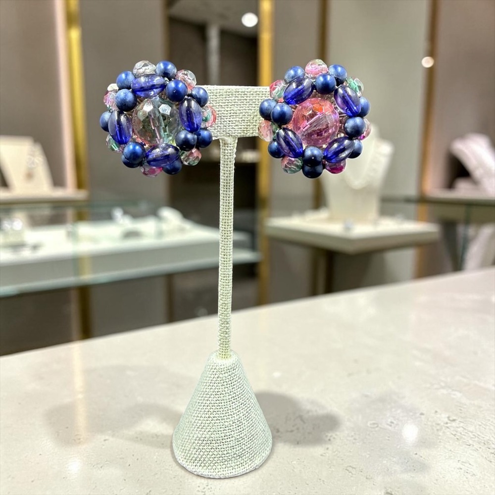 Vintage KARU Arke Inc Beaded Cluster Clip Earrings Blue Pink MCM Statement 1960s
